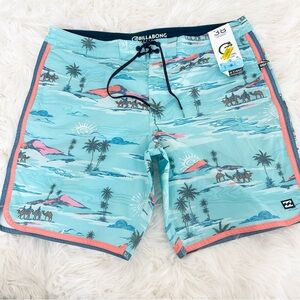 Billabong Aqua and Coral Mid-Length Board Shorts